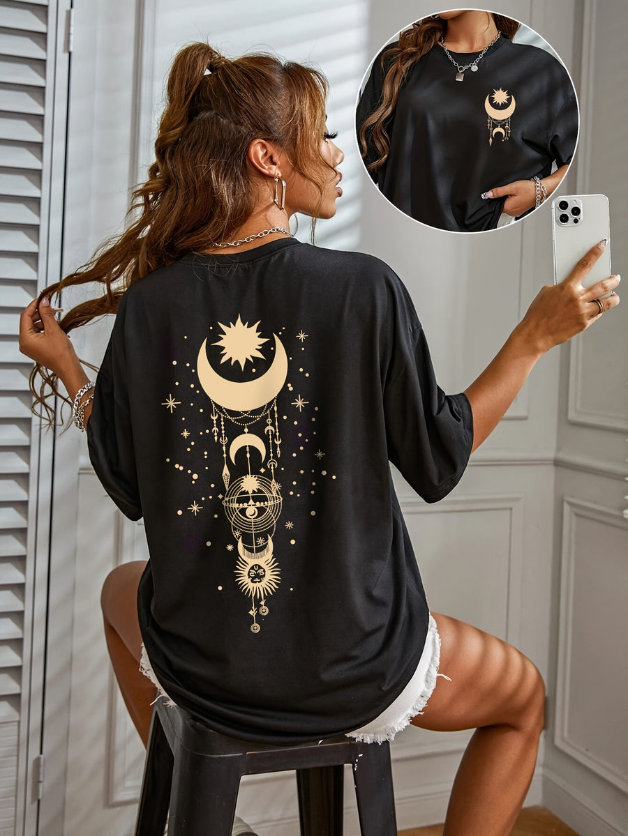 Women's Casual Black T-Shirt with Celestial Starry Sky Print - Relaxed Fit Round Neck Short Sleeve Top, Medium Stretch Breathable Fabric for Spring/Summer, Machine Washable, Ladies T Shirts, Versatile Clothing, Galaxy Design, Comfortable Fit - Black