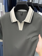 [Shule Water OBM] Summer Men'S Short Sleeve T-Shirt, Contrast Striped Cool Business Casual Versatile Top, Mid-Age Men'S Short Sleeve Collared Polo Shirt (72616) - Dark Gray