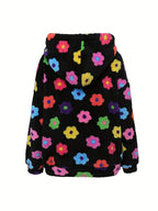 Autumn/Winter Women's Y2K Fashion Casual Colorful Flower Plush Hooded Jacket with Pockets and Front Zipper, Cute Floral Design, Soft Comfortable Warm Fabric, Versatile Style for Daily Casual Wear A11117-1 - Multicolor