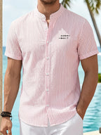 Men'S New Individual Striped Design Short Sleeve, Letter Print Pattern, Summer Lightweight Breathable Fabric, Classic Small Stand Collar, Daily Versatile Commute Essential Party Casual Outing Fashion All-Match, Trendy Shirt - Pink