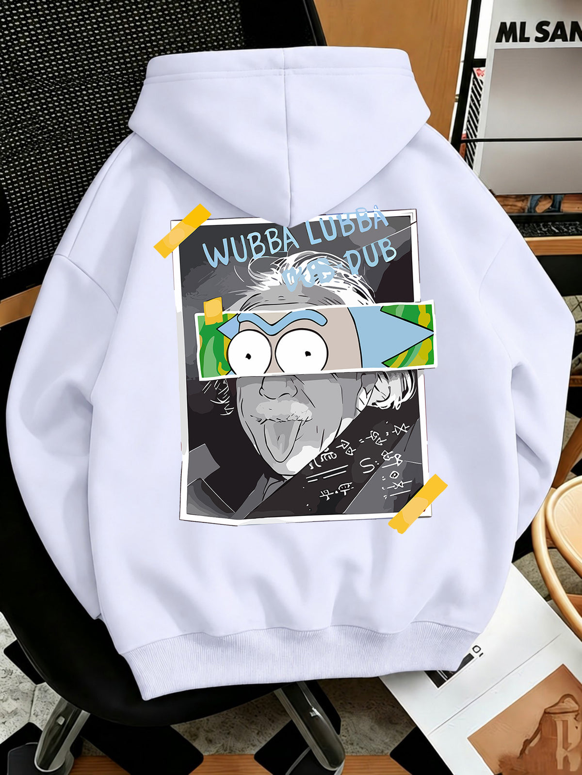 Warner Bros Official Men's Fashion Sweatshirt, Rick's Classic Catchphrase Collage Einstein Polaroid Print Design, Men's Fashion Hoodie Loose Fit with Adjustable Drawstring, -Lined Sweatshirt for Comfortable Fall/Winter Wear, Outdoor Sports Casual - White