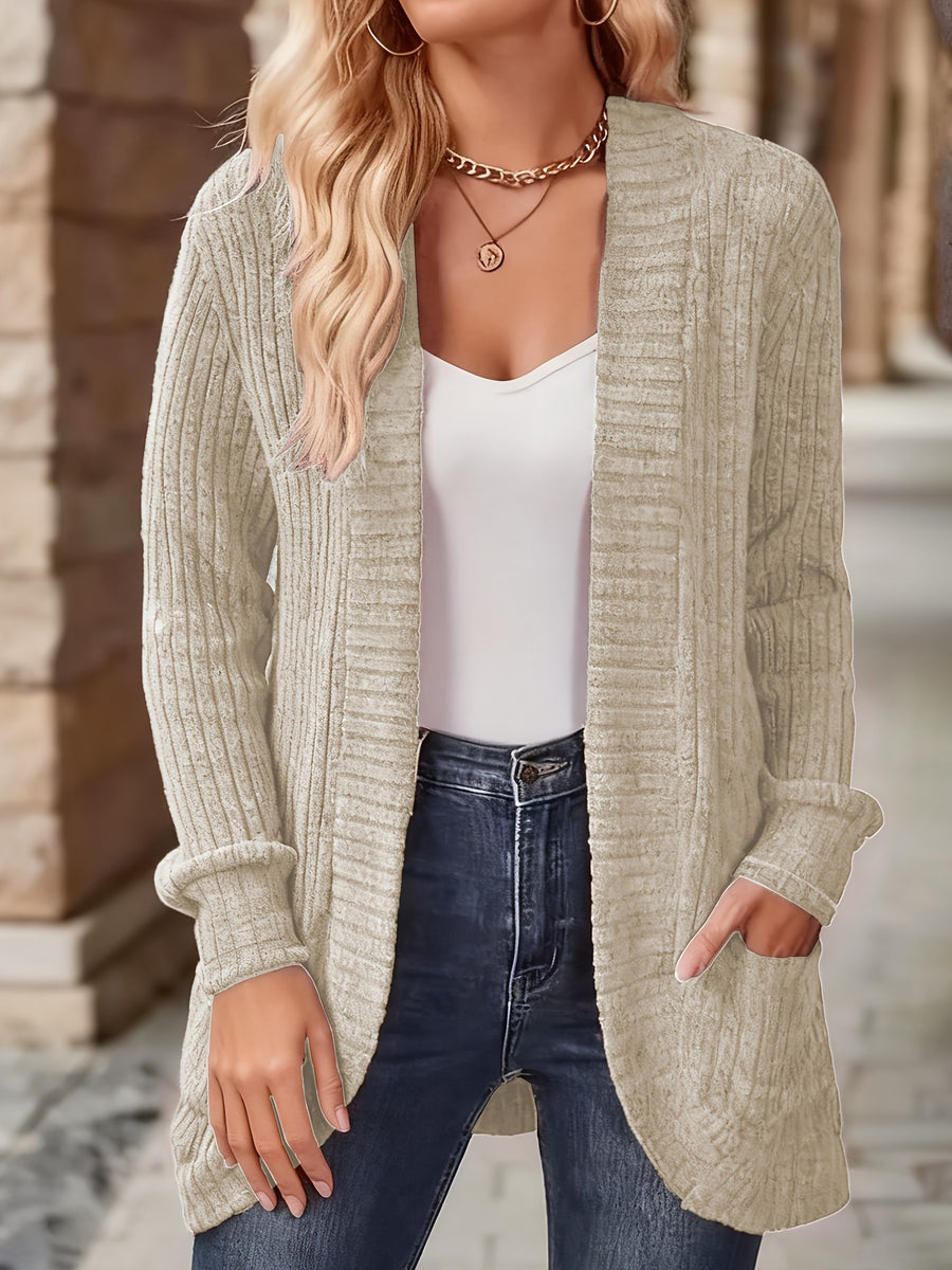 Women's Solid Color Brushed Casual Spliced Long Sleeve Cardigan - Apricot