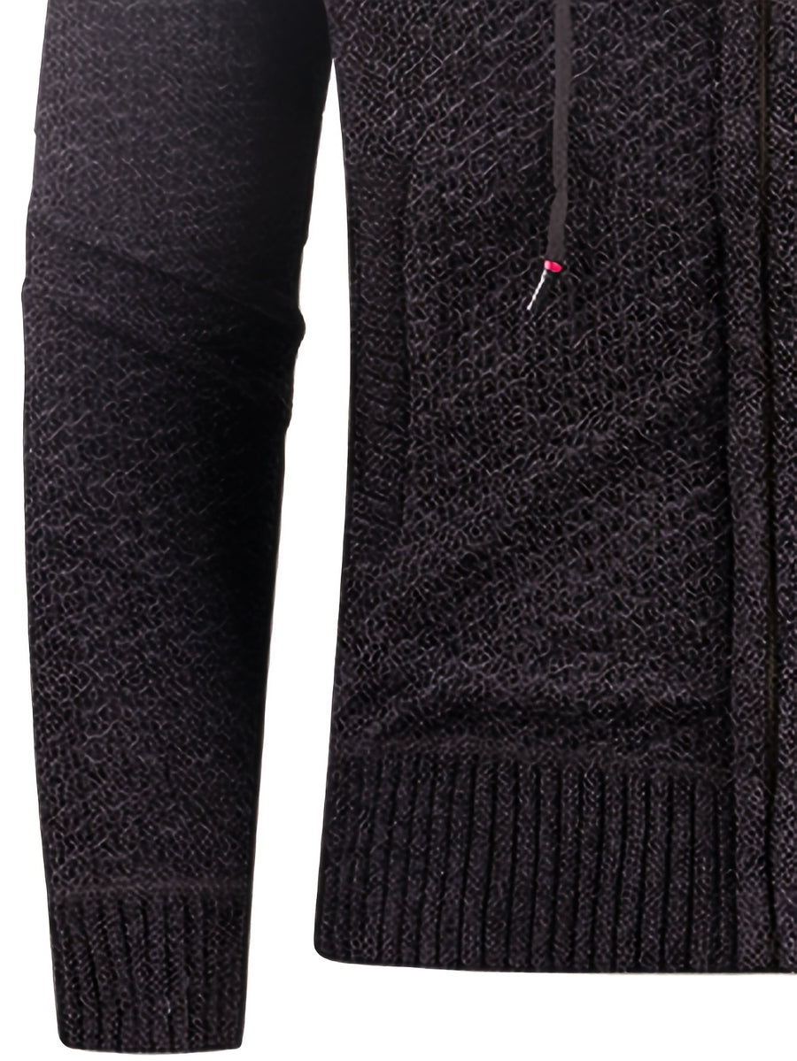 Solid Color Men'S Autumn And Winter New Style Men'S Coarse Yarn Knitted Long Zipper Cardigan Long Sleeved Hooded Drawstring Fashionable Casual Business Versatile with Thick Velvet Insulation Pocket Sports Vitality Elastic Jacket - Black