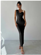 Summer Ladies 3D Flower Decorated Fashion Elegant Bodice Dress Pure Black Asymmetrical Sleeveless Long Party Dress Bridesmaid Gown - Black
