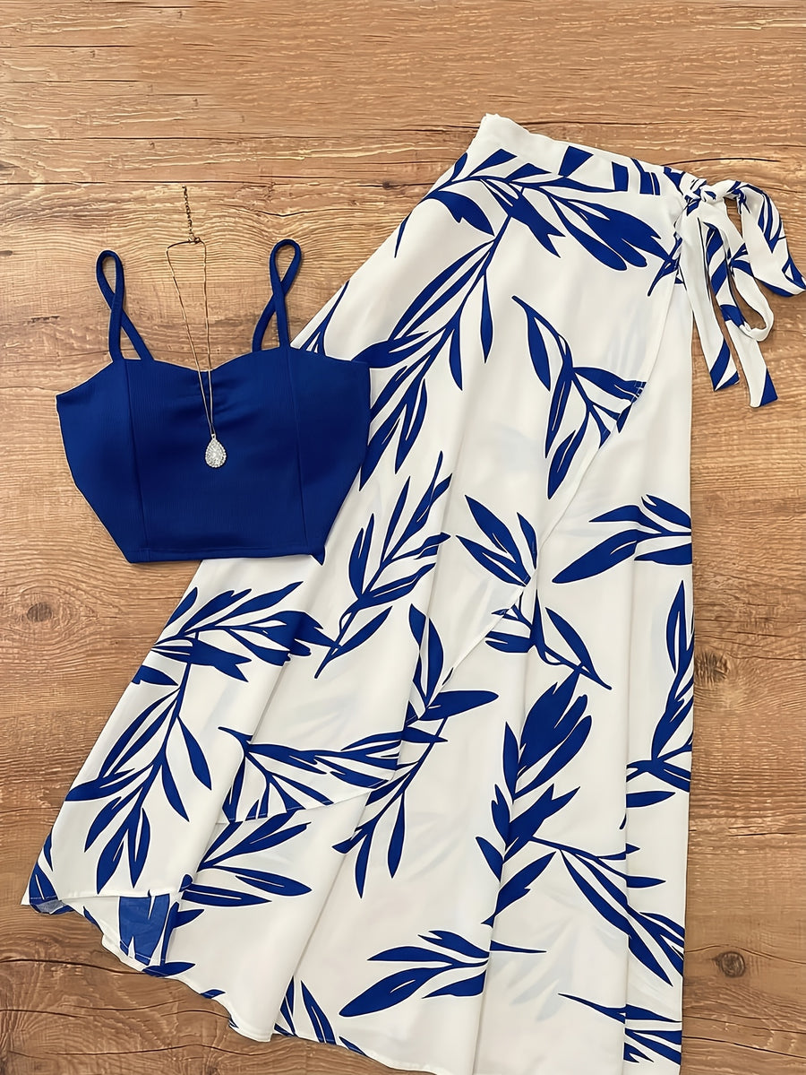 Women'S Spring Autumn Elegant Lace-Up Skirt And Cami Top 2pcs Set - Blue