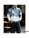 [Print Design - Not Textured] Men'S Blue White Gradient Striped Print Half-Zip Sweatshirt, Fashionable Long-Sleeve Pullover, Suitable for Casual Wear, Outdoor Activities, And Street Style - Mixed colors