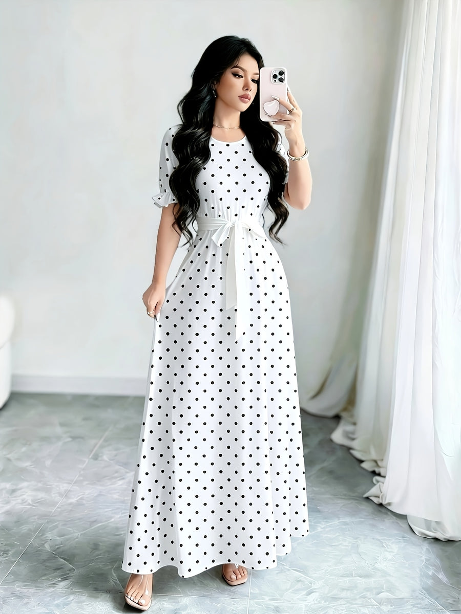 Elegant Summer Dress, Polka Dot Print Dress, Women's Fashion Round Neck Short Puff Sleeve Dress with Belted Waist, Long Dress ASD1 - White