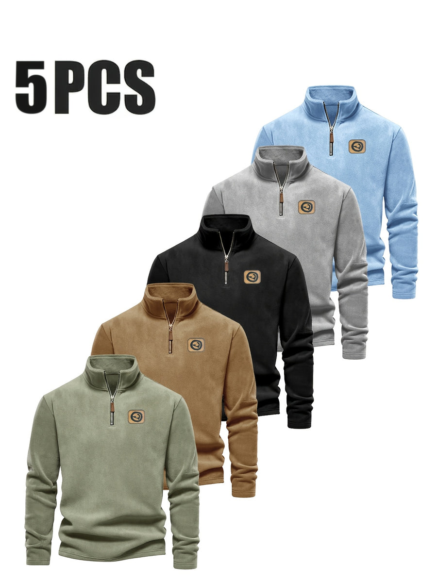 Men's Half-Zip Pullover Top, 5pcs, Soft and Skin-Friendly, Versatile for Daily Casual and Sportswear - Mint Green + Sky Blue + Black + Gray + Orange
