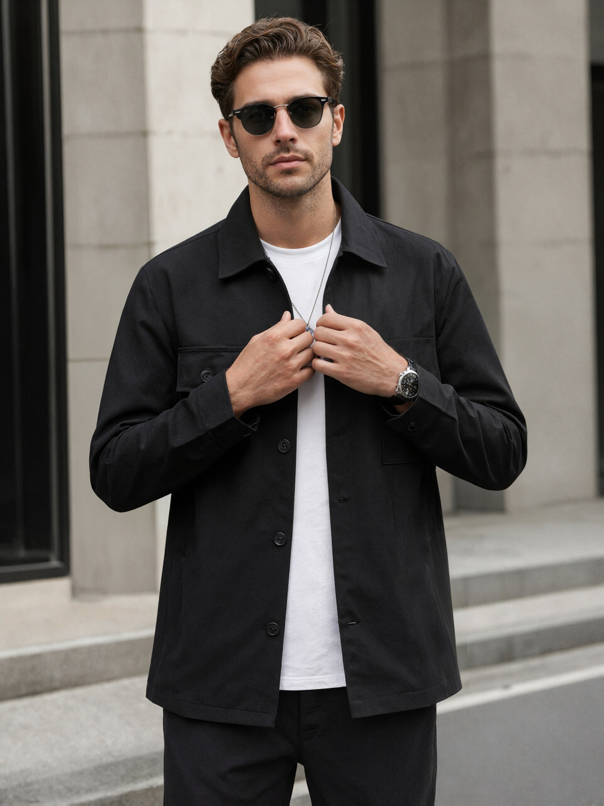 Men's City Casual Everyday Shirt Jacket, Loose Fit Black Solid Twill Outerwear, Double Chest Flap Pockets Breathable Wrinkle Free Top for Office Weekend Streetwear, Chinese Size, Please Check The Size Guide Carefully - Black
