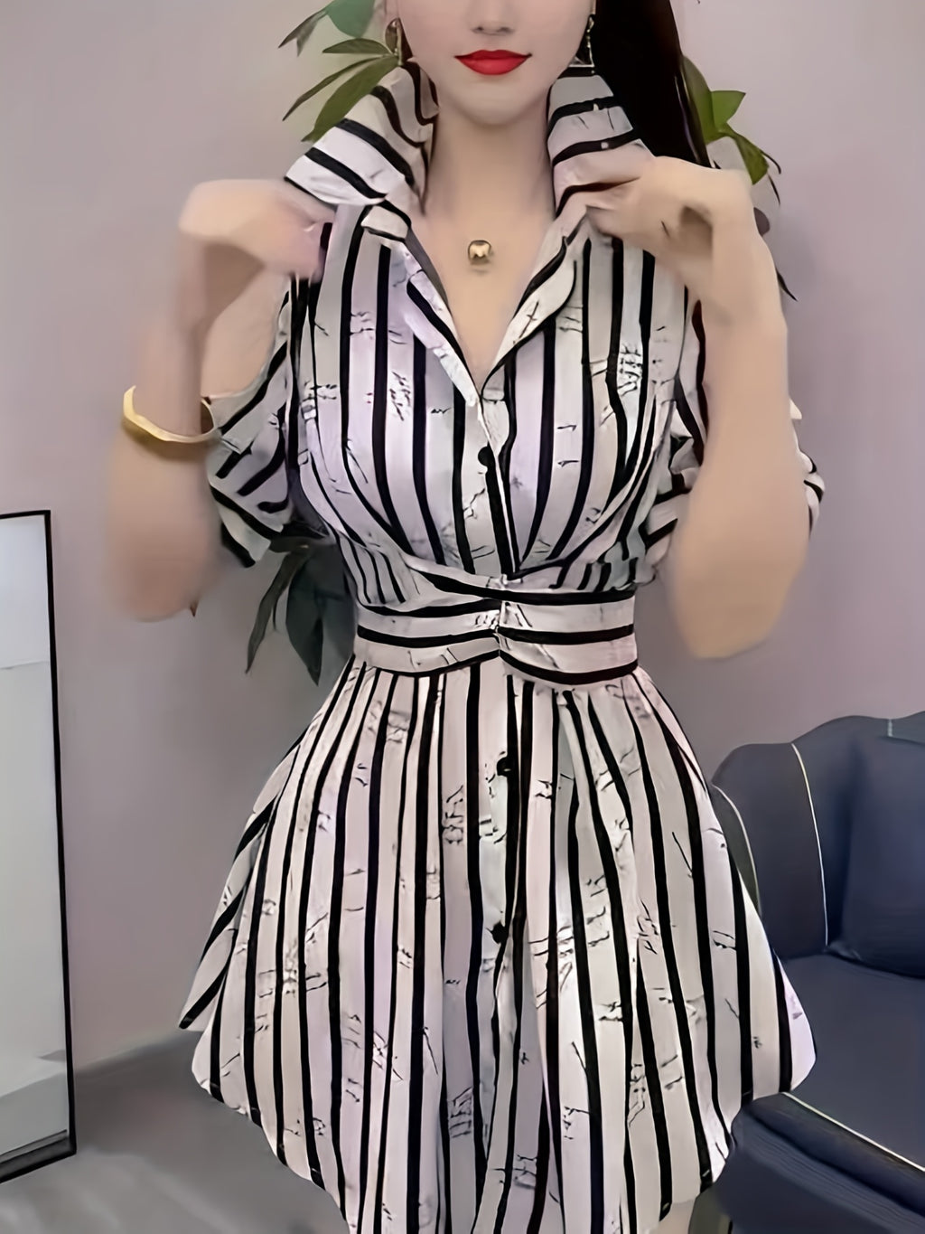 Women'S Summer Long Shirt Dress with Polo Collar, Off-Shoulder, Striped Print, Button Tie, A-Line Style for Commuting - Mixed colors