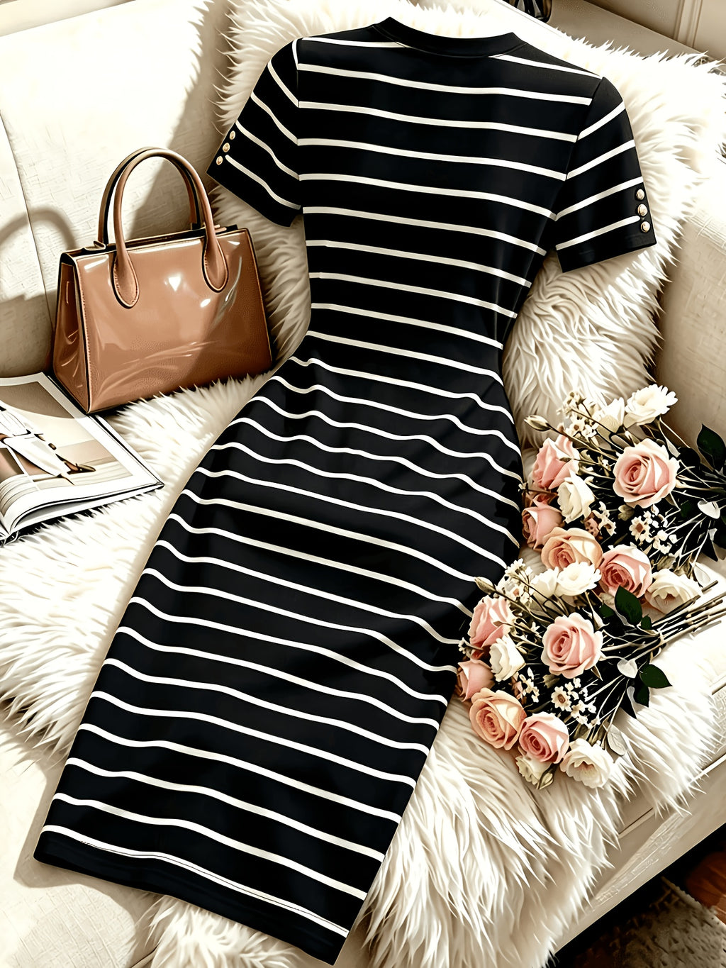 Women'S New Black And White Striped Round Neck Short Sleeve Slim Waist-Cinching Mid-Length Dress - Black And White Stripes