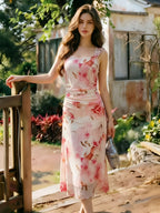 ASD1 2026 New Suspender Dress Women'S Summer Pleated Waist Temperament Mid-Length Dress, Mesh Dress, Gentle Style Fairy Dress. Retro Print Dress, Diverse Color Design, Gentle Vacation Style Long Skirt, French Romantic Style, Drape Mesh, Beach - White Pink Flower