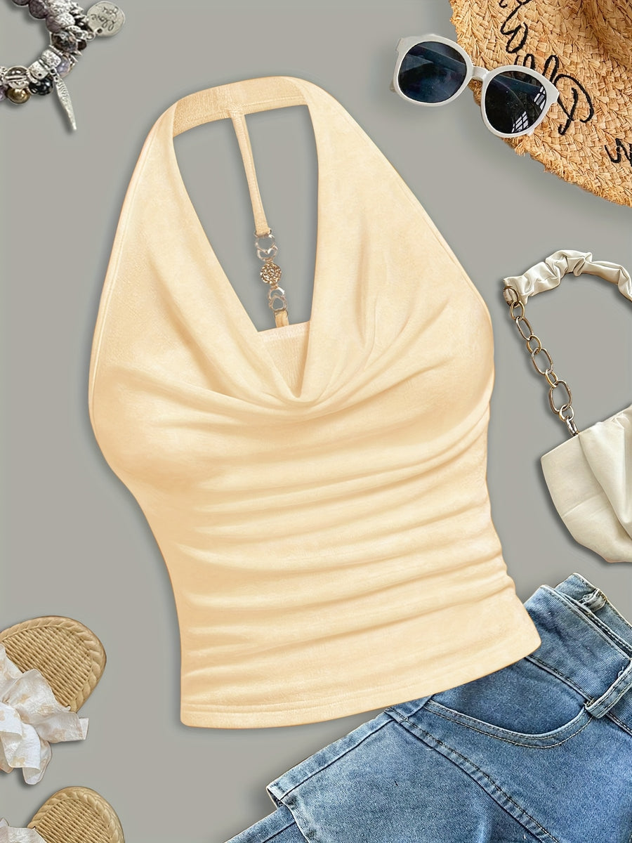 White Halter Neck Strapless Tank Top, Women's Solid Color Sexy Sleeveless Outerwear Top - Wheat-colored