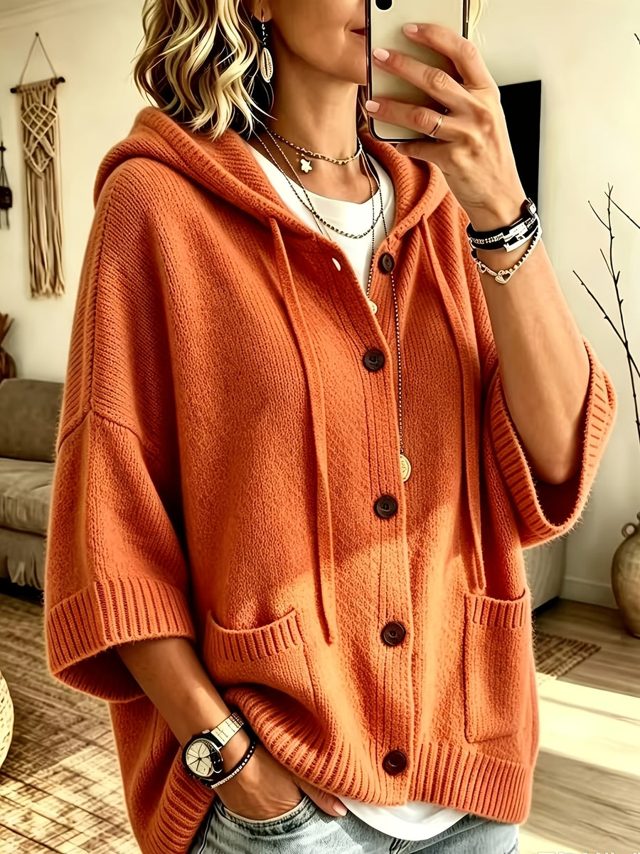 Elegant Casual Pocket Cardigan for Women - Orange-Red