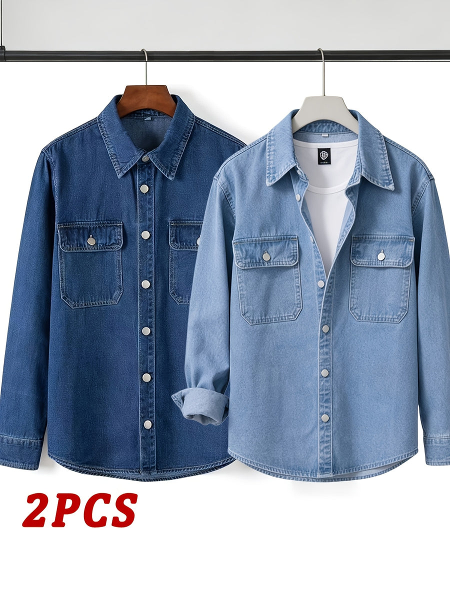 Spring/Autumn Men's Loose-Fit Streetwear Style Cool and Handsome Long-Sleeve Denim Shirt with American-Style Jacket Outer, 2pcs Set - Dark Blue + Light Blue