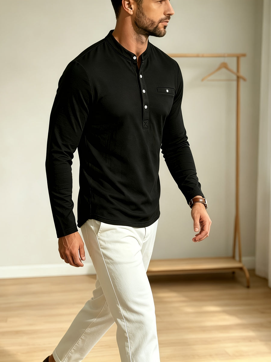 Men Spring Autumn Textured Mandarin Collar Henley 5-button Long Sleeve Top. Slim Soft Breathable Wrinkle-resistant Long Tee for Daily Business Commute & Casual Wear. - Black