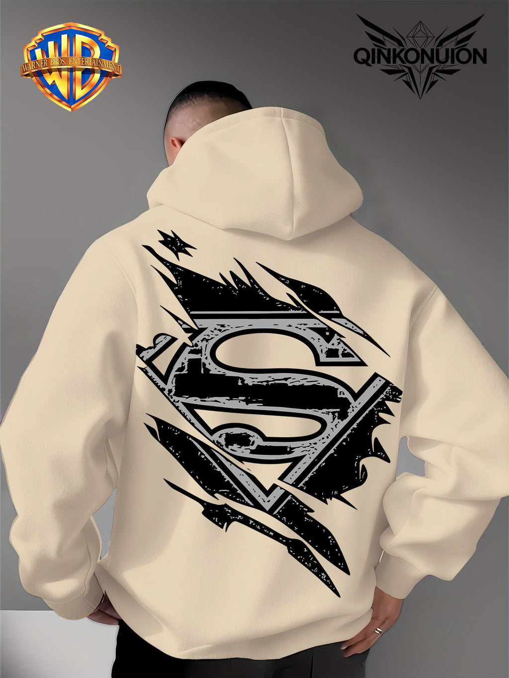 Warner Official Men's Hooded Sweatshirt, Black and White Distressed Batman Symbol Torn Wind Print Design, Machine Washable, Cozy and Comfortable Daily Drawstring Hooded Sweatshirt for Autumn and Winter, Versatile Sporty Casual Loose Fit - Apricot