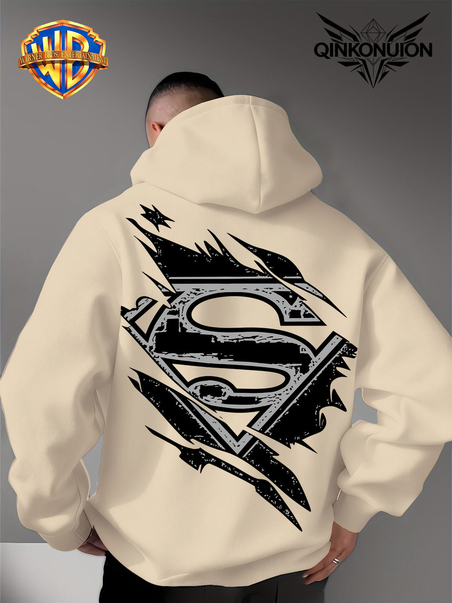 Warner Official Men's Hooded Sweatshirt, Black and White Distressed Batman Symbol Torn Wind Print Design, Machine Washable, Cozy and Comfortable Daily Drawstring Hooded Sweatshirt for Autumn and Winter, Versatile Sporty Casual Loose Fit - Apricot