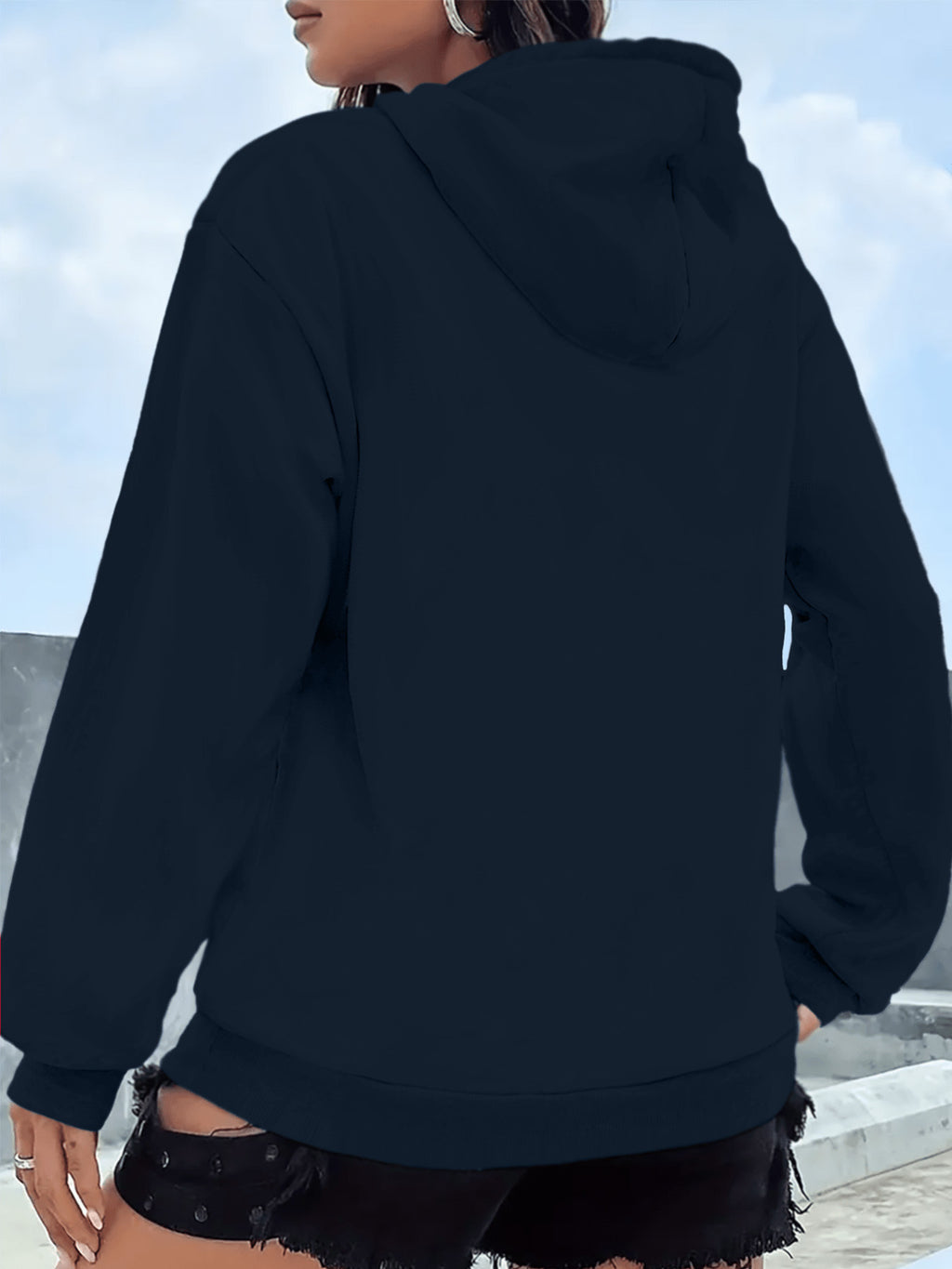 2025 New Women's American Fashion Casual Norwegian Outdoor Letter Print Hoodie with Kangaroo Pocket and Drawstring, 100% Polyester Fabric, Machine Washable, All-Season Y Sweatshirt - Navy Color