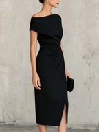 ST26047 One-Shoulder Waist-Cinching Pleated Dress Banquet Commute Slit Evening Dress - Black