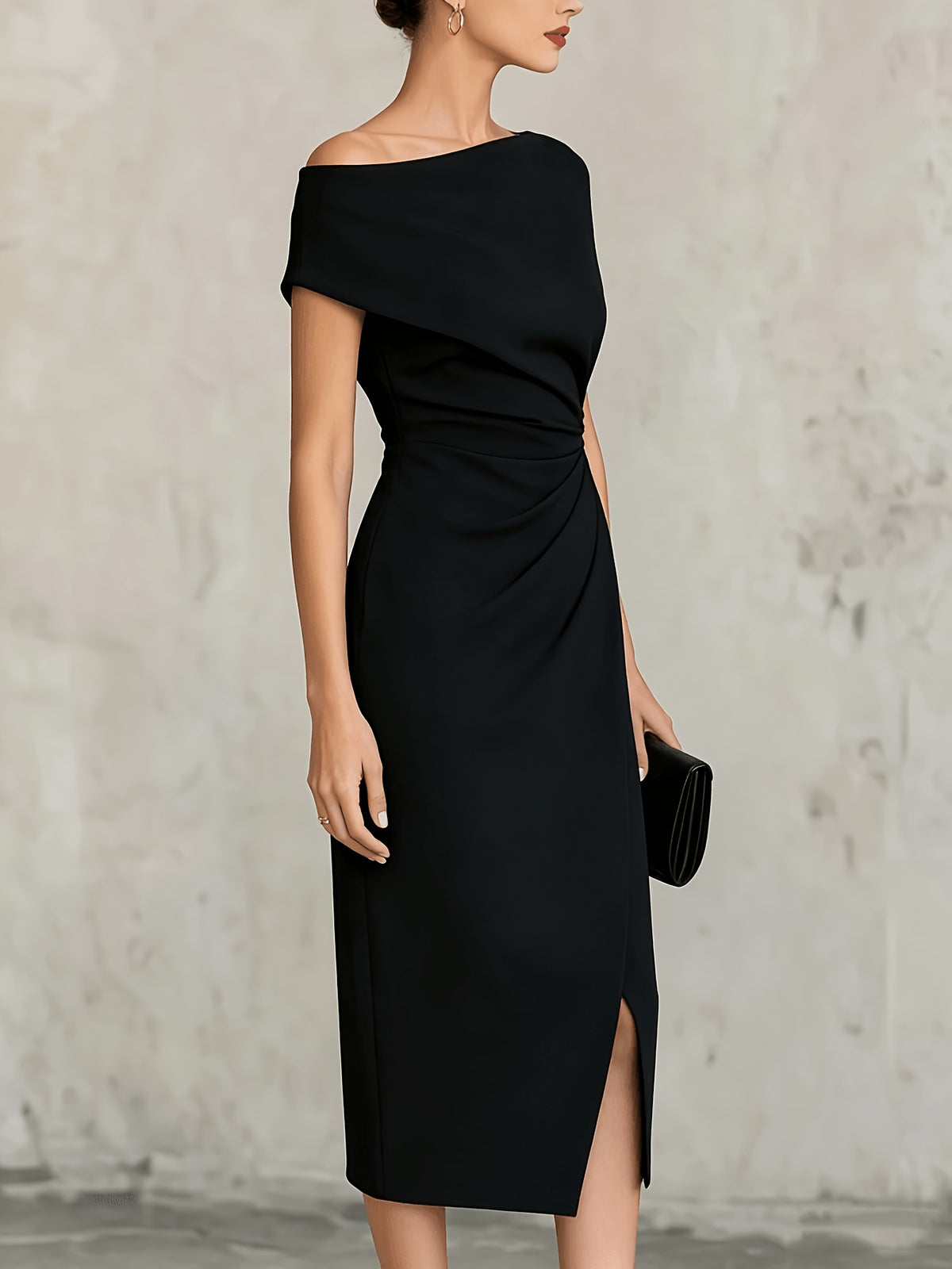 ST26047 One-Shoulder Waist-Cinching Pleated Dress Banquet Commute Slit Evening Dress - Black
