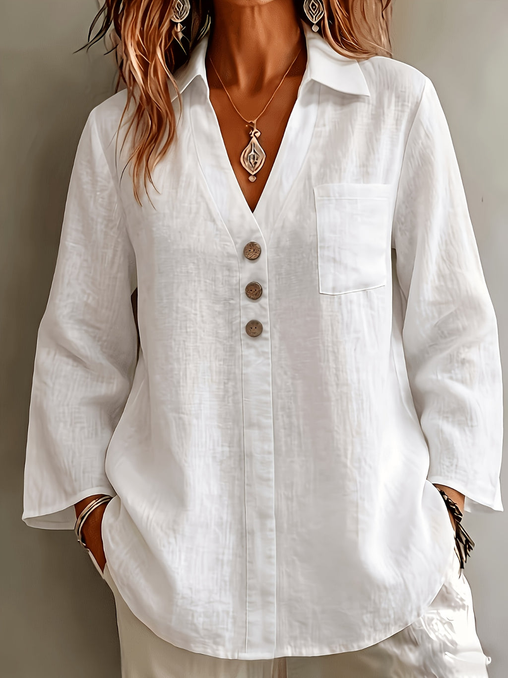 Women's Elegant Lapel Three-Quarter Sleeve Shirt, Linen Texture Loose Relaxed Style Top, Breathable and Skin-Friendly for Commuting, Casual, and Versatile Wear, Simple Large Button + Patch Pocket Design for Figure-Flattering and Effect - White