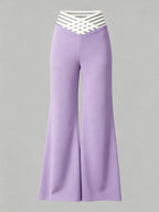 Women'S Crossed Waist Straight Leg Pants, Mesh Waistband Design, Solid Color Slightly Elastic Casual Trousers Suitable for Travel And Dates - Light Purple