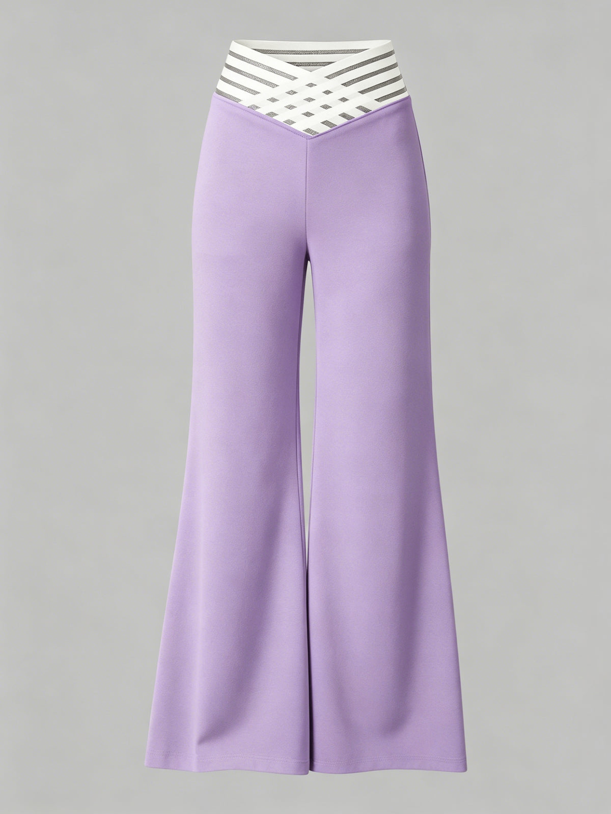 Women'S Crossed Waist Straight Leg Pants, Mesh Waistband Design, Solid Color Slightly Elastic Casual Trousers Suitable for Travel And Dates - Light Purple