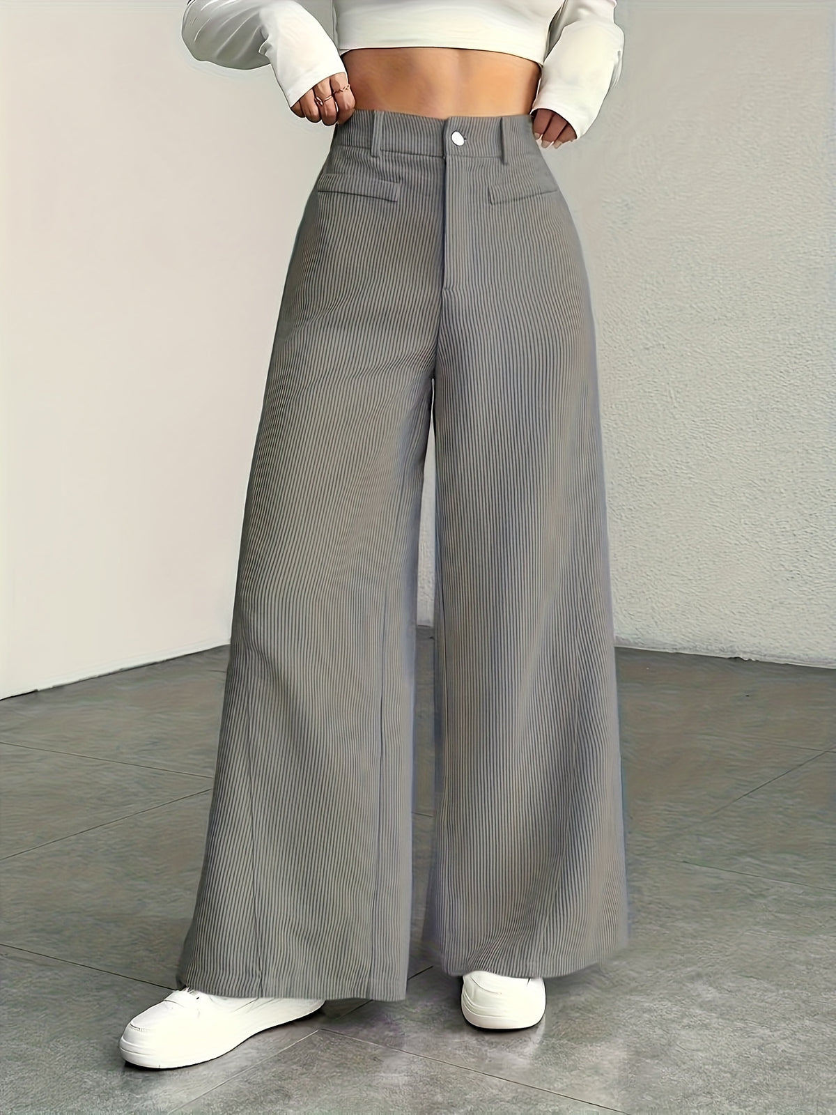 Women's High-Waisted Wide-Leg Corduroy Pants - Straight Leg Trousers with Corduroy Texture & Striped Suitable for All-Season Wear, Machine Washable Non-Stretch Corduroy Pants for Office, Casual, Everyday Outfits (No Transparency) - Grey