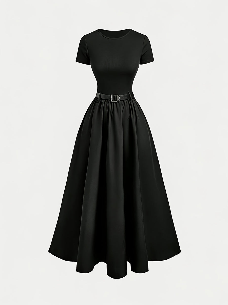 Round Neck Short Sleeve Dress with Belt, Temperament And Beauty, Women'S Spring Summer New Women'S Clothing, Most Frequently Purchased Women'S Clothing by Koreans, Casual Elegant Women'S Clothing, Hot Styling, Women'S Dress, Summer Clothing, Summer - Black