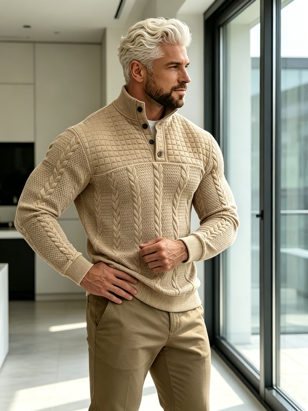 Joshmei OBM Halloween Men's Old Money Style Stand Collar Henley Shirt, Twisted Cable Knit Patchwork Checkered Long Sleeve Top, Comfortable and Warm Pullover, Suitable for Beach Vacations and Daily Wear, Men's Birthday Gift - Khaki