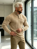 Joshmei OBM Halloween Men's Old Money Style Stand Collar Henley Shirt, Twisted Cable Knit Patchwork Checkered Long Sleeve Top, Comfortable and Warm Pullover, Suitable for Beach Vacations and Daily Wear, Men's Birthday Gift - Khaki