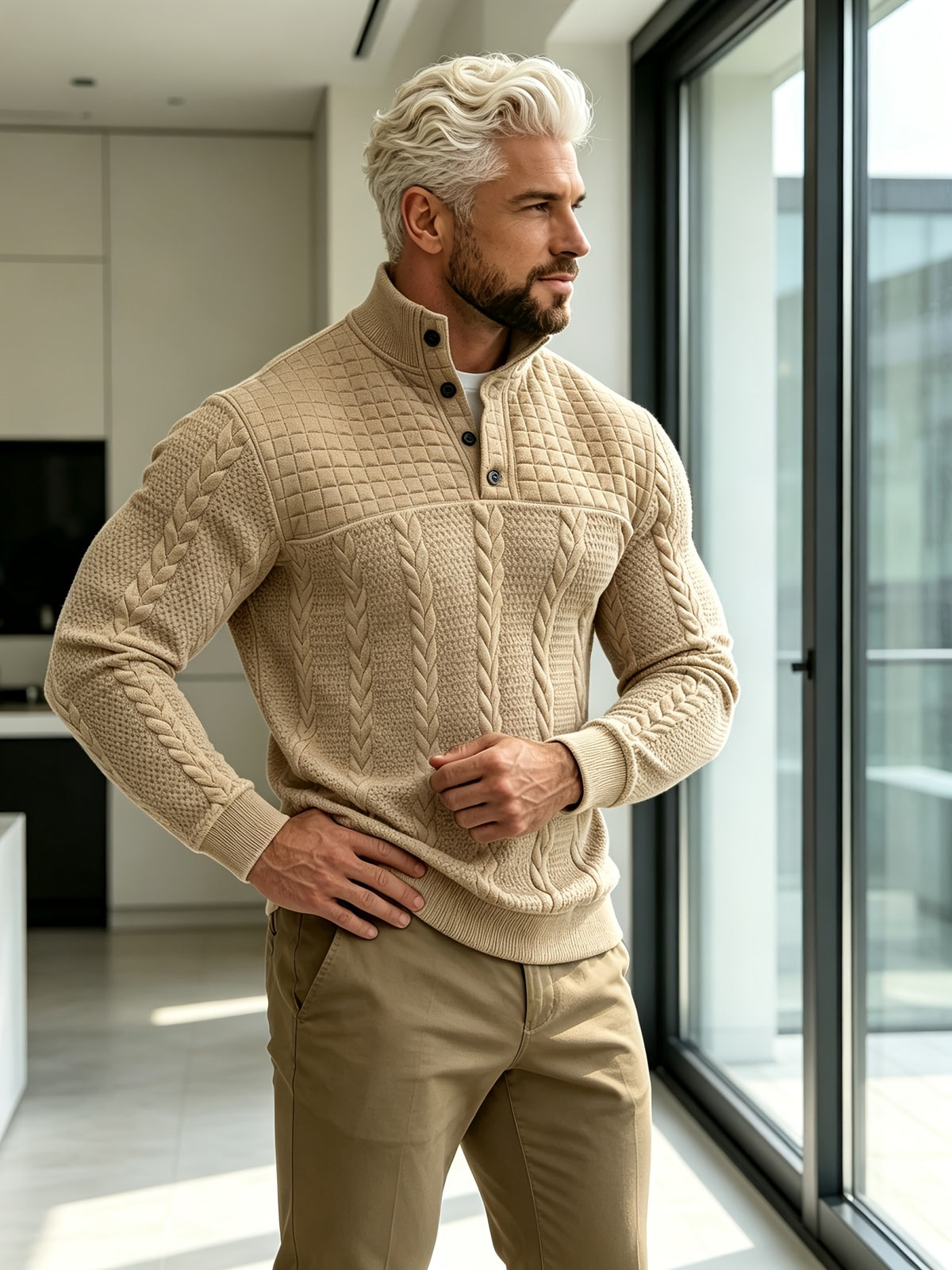 Joshmei OBM Halloween Men's Old Money Style Stand Collar Henley Shirt, Twisted Cable Knit Patchwork Checkered Long Sleeve Top, Comfortable and Warm Pullover, Suitable for Beach Vacations and Daily Wear, Men's Birthday Gift - Khaki