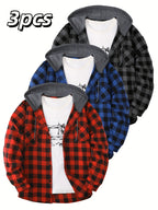 3pcs Men's New York Fashion Trendy Plaid Shirt Hooded Plaid Sweatshirt Flannel Hoodie - Red+blue+dark Gray