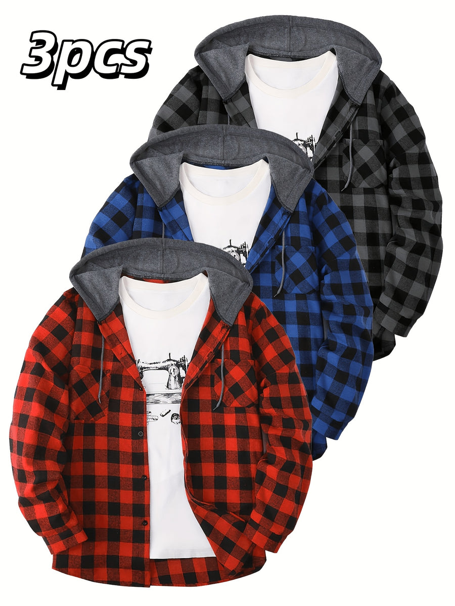 3pcs Men's New York Fashion Trendy Plaid Shirt Hooded Plaid Sweatshirt Flannel Hoodie - Red+blue+dark Gray