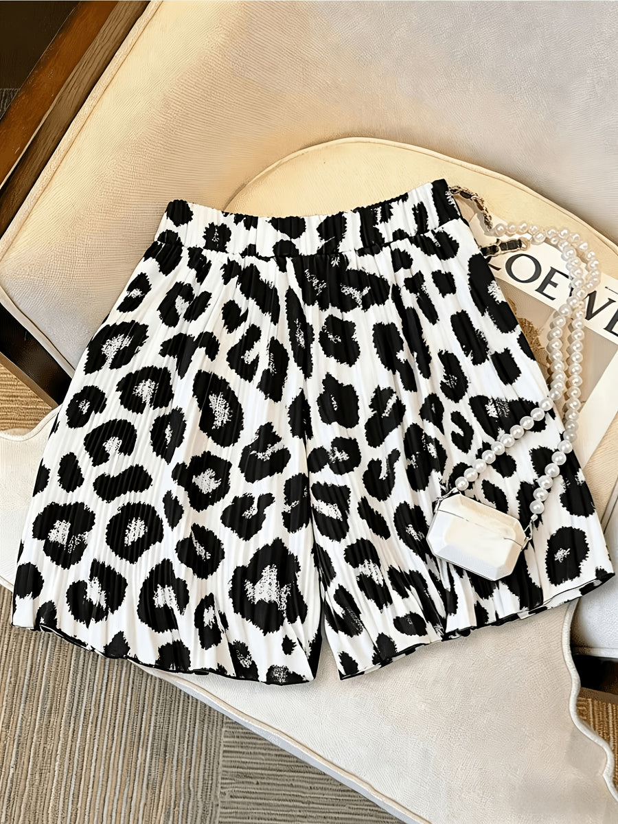Summer Retro Leopard Print Pleated Wide-Leg Shorts Women High-Waisted Versatile Casual A-Line Pleated Hot Pants YYTT - Multicolor