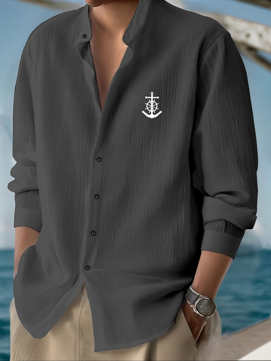 Men'S Casual Lightweight Long Sleeve Shirt - Autumn Quick-Dry Breathable Material Quality Fabric, Print Pattern - Stand Collar Design Button-Up Top, Suitable for Vacation And Commute, Formal Casual Shirt - Trendy Fashion Streetwear Men'S Clothing - Grey