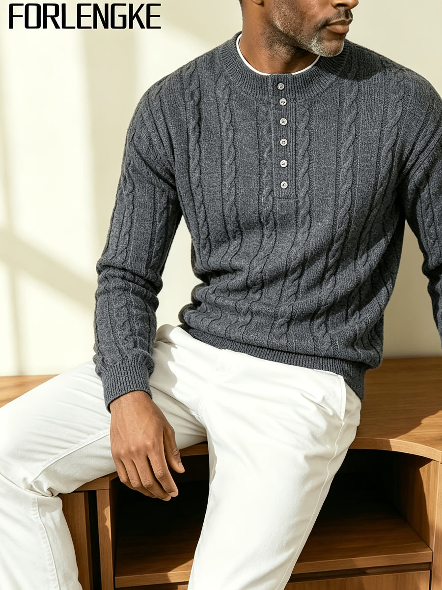 FORLENGKE Men's Autumn/Winter American-Style Relaxed Holiday Twist-Knit Henley Neck Knit Top, Solid Color Versatile for a Vacation Vibe, Suitable for Autumn/Winter Seaside Strolls, Town Wanders, Short Trips, Picnics, and Gatherings - Grey