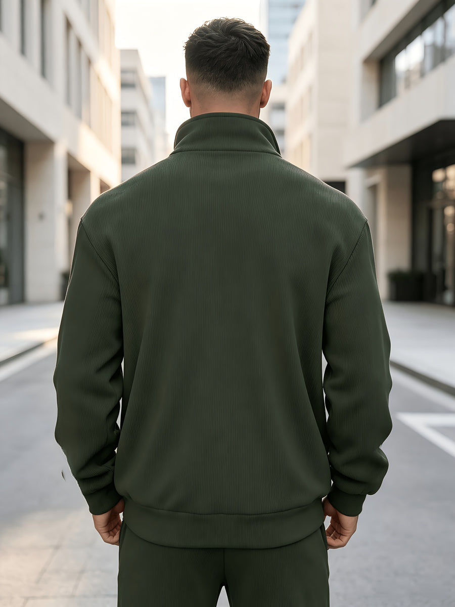 Men's Corduroy Full-Zip Stand Collar Jacket, Soft Vertical Rib Texture Corduroy Casual Full-Zip Outerwear, Ribbed Cuffs and Hem, Side Insert Pockets, Loose Fit Cut, Lightweight and Warm Jacket, Suitable for Autumn/Winter Daily Wear, Street Outings - Military Green