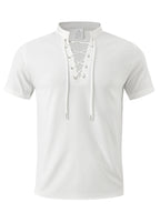 Breathable Fabric Summer Men'S Waffle Skinny Short Sleeve American Oversized Casual V-Neck Tie-Up T-Shirt - White