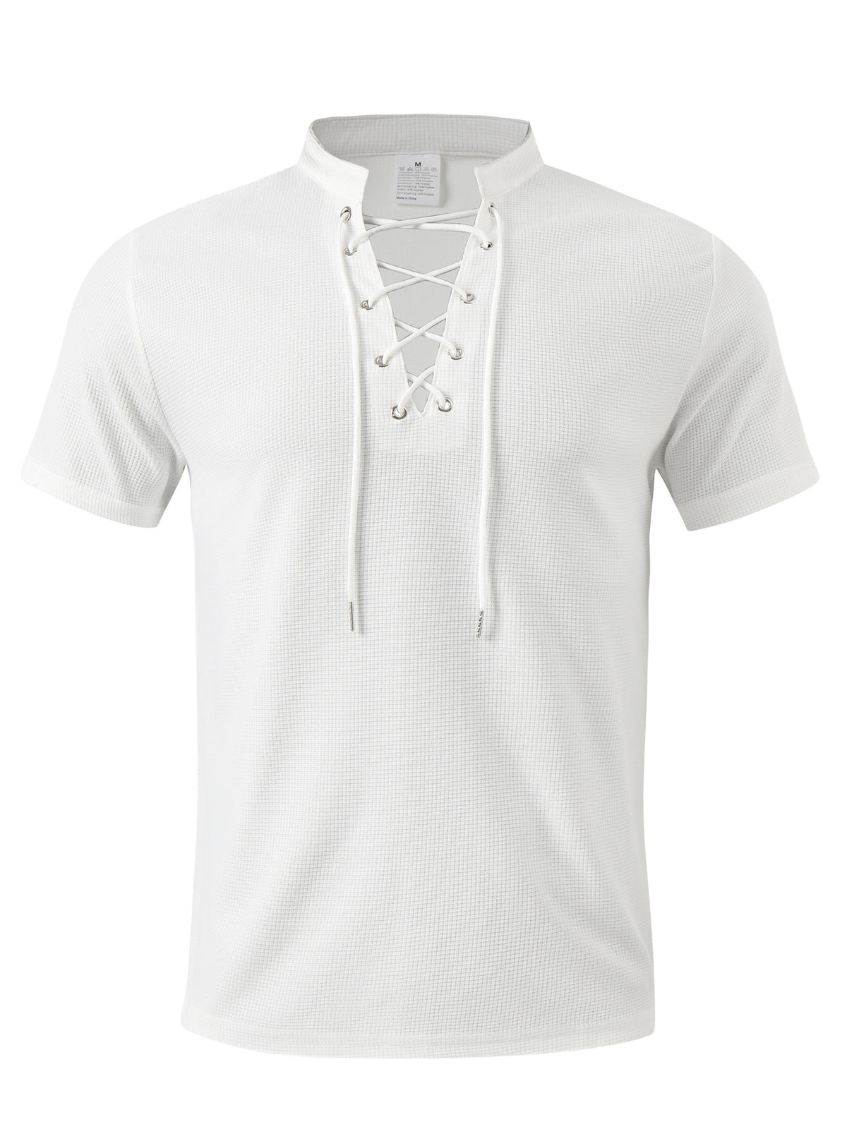 Breathable Fabric Summer Men'S Waffle Skinny Short Sleeve American Oversized Casual V-Neck Tie-Up T-Shirt - White