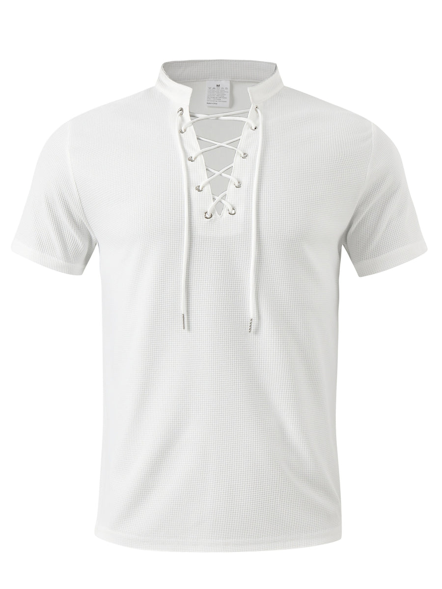 Breathable Fabric Summer Men'S Waffle Skinny Short Sleeve American Oversized Casual V-Neck Tie-Up T-Shirt - White