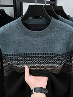 Men's Crew Neck Jacquard Knit Sweater, Autumn/Winter Mid-Life Warm Base Layer Top - Black