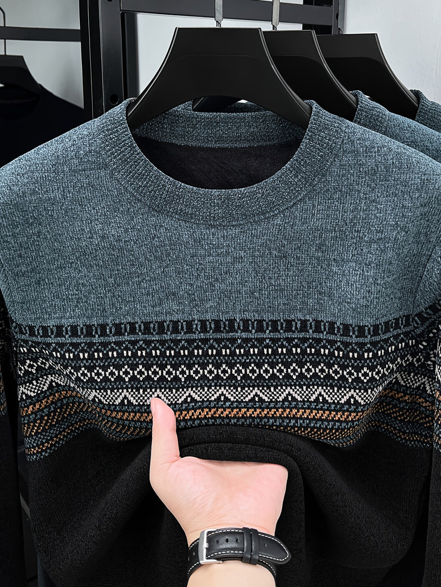 Men's Crew Neck Jacquard Knit Sweater, Autumn/Winter Mid-Life Warm Base Layer Top - Black