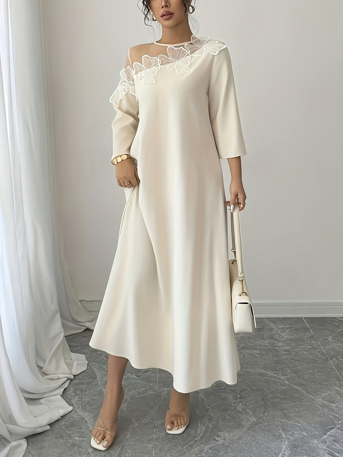 BK0629041 Targeted Elegant Special Spring/Autumn Women's Three-Quarter Sleeve Loose Dress, Round Neck Solid Color Long Dress, Sheer Mesh with Floral Embroidery, Asymmetrical Design, Floral Embroidery Adds Romantic Touch, Straight Cut Fits All Body - Apricot