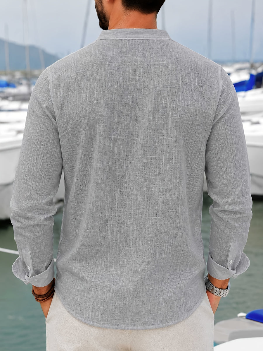 Pc of 2 Mens Plain Long Sleeve Button Shirts with Mandarin Collar & Distinct Chest Pocket, Lightweight Airy Sweat-Wicking Casual Tops, Versatile for Office Work, Holidays, Daily Outings & Home Regular Fit Spring Summer Office Work Holiday - Grey+Lake Blue