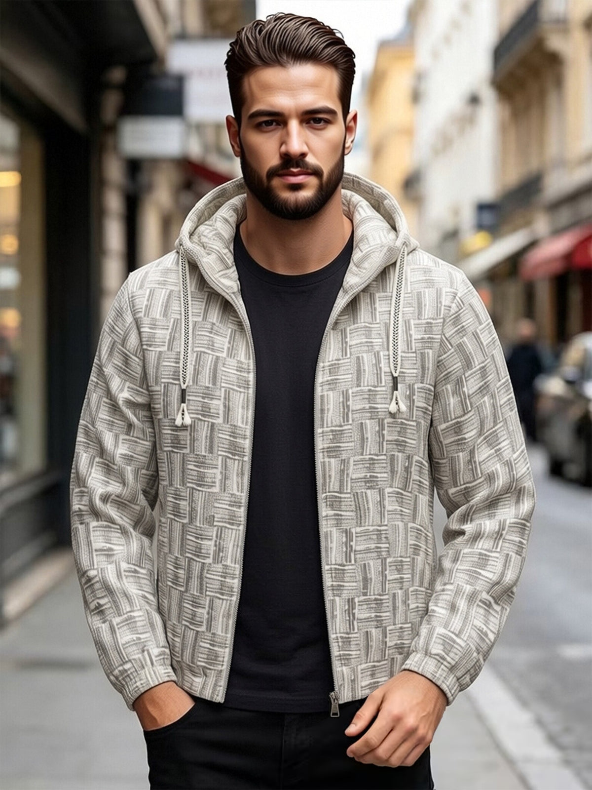 EXARUS Men'S Vintage Plaid Jacquard Hooded Zip-Up Jacket, American Casual Open Cardigan Hoodie, Individual Woven Texture Pattern, Tassel Decor Drawstring with Smooth Metal Zipper, Elastic Cuffs, Loose Casual Fit. Comfortable And Breathable Fabric - Off-white