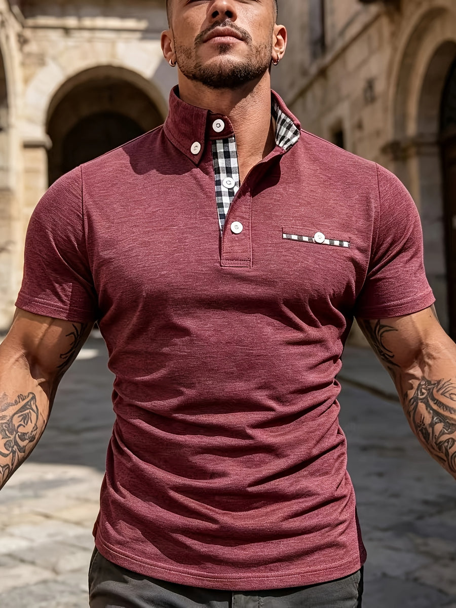 Summer New Fashion Trendy Men'S Plaid Patchwork Lapel Polo Shirt, Button-Decorated Pocket Slim Short Sleeve Top - Deep Red