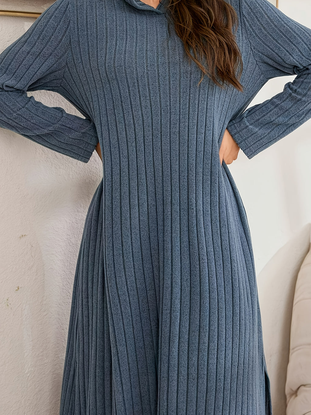 Plus Size Fall Winter Long Hooded Striped Thick Skin-Friendly Slit Casual Home Sleep Dress - Sea Blue
