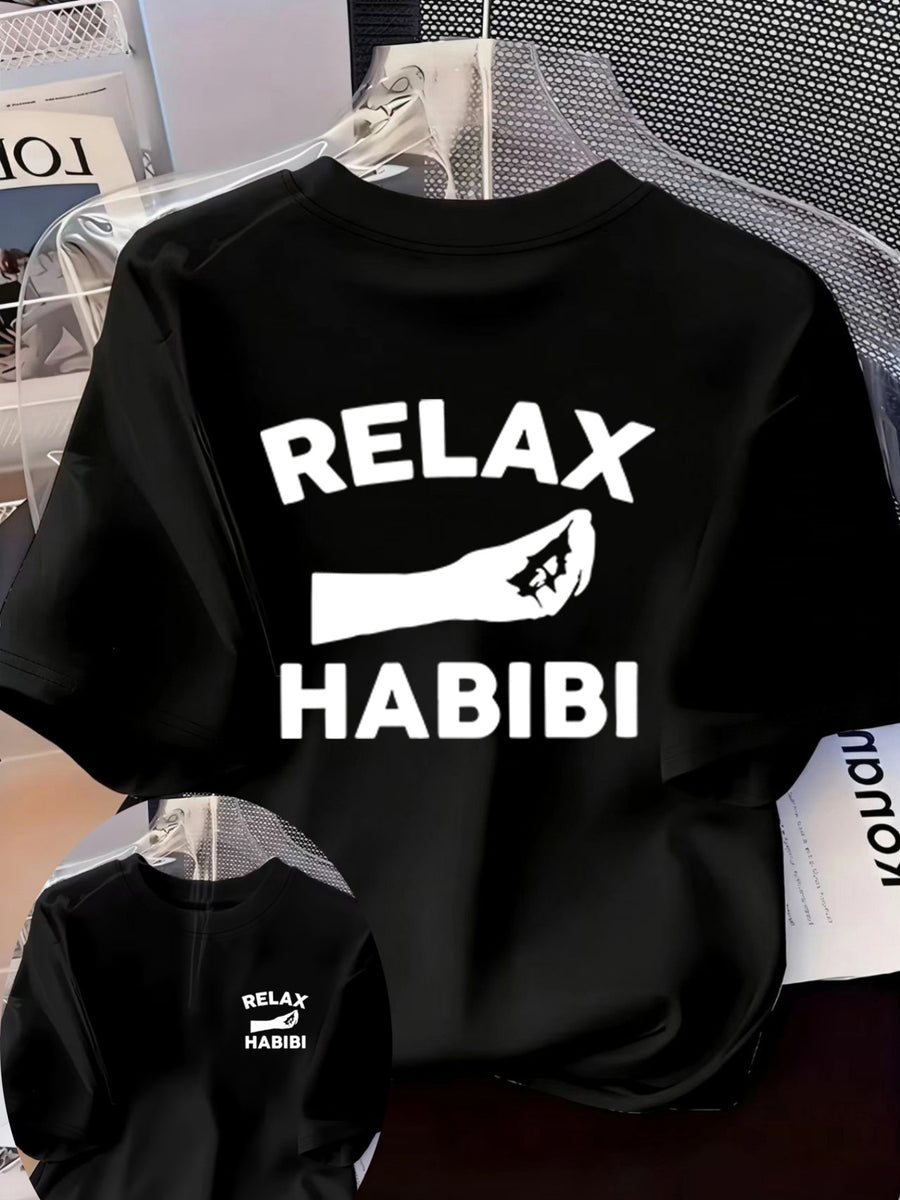 Front And Back Printed Women'S Fashion Base Print T-Shirt, Soft And Versatile, Casual Style Printed Pattern with RELAX HABIBI Lettering And Hand Gesture Design Printed Short Sleeve T-Shirt, Suitable for Casual Wear, Fashion All-Season Top - Black